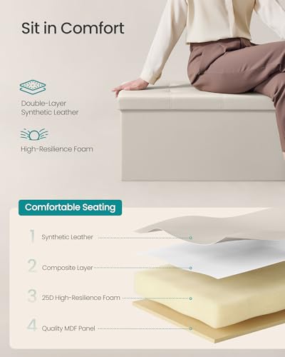 SONGMICS Mazie Collection - 43 Inches Folding Storage Ottoman Bench, Ottoman with Storage, Foot Rest Stool, Load 660 lb, for Living Room, Synthetic Leather, Cream White ULSF70M - color: Cream White, size: 15"D x 43"W x 15"H