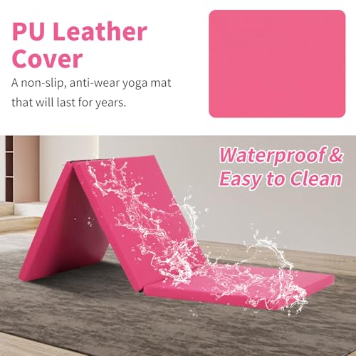BLKMTY Gymnastics Mats - 2'x6' Folding Exercise & Yoga Mat with Carrying Handles for Kids' Tumbling & Home Gym - color: Pink