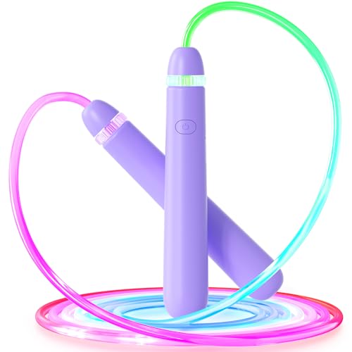 LED Jump Rope for Kids, Glow in The Dark Fun Fitness Gift | Rechargeable, 180-day battery, 9.2ft for ages 6+, colorful LED modes, birthday gift, outdoor fun - color: Purple