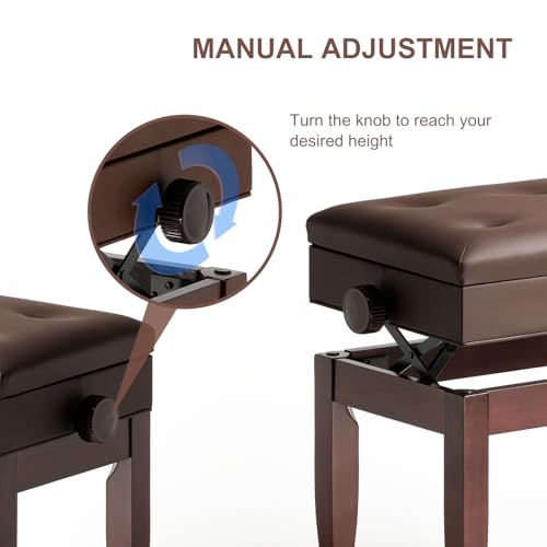 Adjustable Height Piano Bench Stool PU Leather Cushion Wooden Keyboard Seat with Music Storage (Brown) - color: Brown
