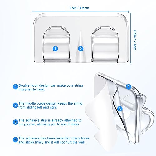 Hetyue Hooks for Outdoor String Lights Clips: 26Pcs Heavy Duty Light Hook | Outside Clear Cord Holders with Waterproof Adhesive Strips - Sticky Clip for Hanging Christmas Lighting Outdoors