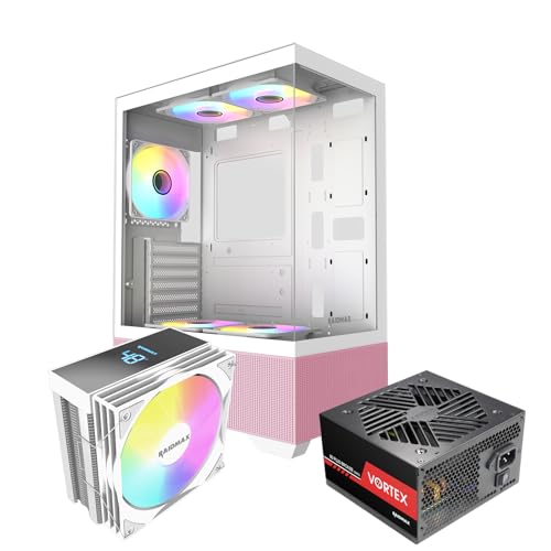 Raidmax i802 Vibe Series ATX Mid Tower Gaming Case Bundle – Tempered Glass Side Panel, Includes 700W 80+ Power Supply, AM1204 Digital Display Air Cooler, and 5 Pre-Installed FRGB Fans (Pink) - color: Pink