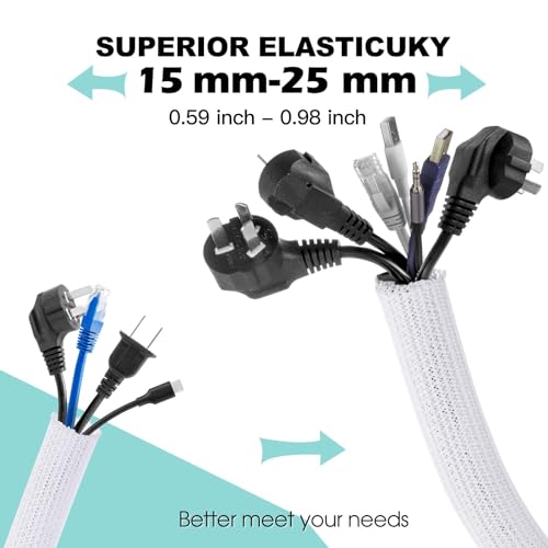 AGPTEK Cable Sleeve, 20ft - 1 inch Cable Management Desk Cord Cover Organizer Wire Hider for Home Office Computer TV Wire Loom Tubing Pet Proof Cord Protector from Cat Dog Chewing, White - color: White, size: 1"-20ft