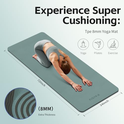PAIDU Yoga Mat 8mm TPE Non‑Slip Fitness Mat with Strap for Home Workouts | SGS Certified, Odorless, Tear‑Resistant, Unisex, for Yoga, Pilates, Meditation, Home & Gym Workouts - color: Deepgreen&Gray