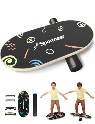 Sportneer Kids Balance Board, 4-Mode Adjustable Balance Trainer | Build for Kids, 4 Modes, Safe & Sturdy Wobble Board, Balance Trainer - color: Doodle Black