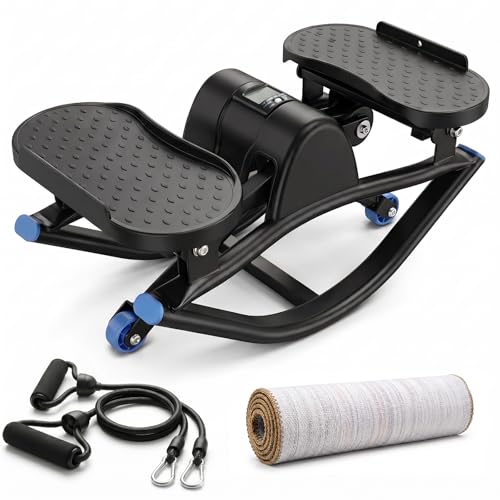 Rocking Stepper Side-to-Side, Low-Impact Lateral Stepper with Resistance and Widened Pedals, 250 lb Capacity Quiet Exercise Stepper with LCD Monitor, Bands and Anti-Slip Mat for Women’s Home Workout