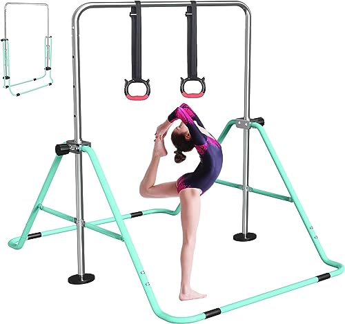 FBSPORT Gymnastics Bar for Kids Adjustable Height Gymnastic Horizontal Bar | Adjustable height, Supports up to 140 lbs, Junior Training Bar Children Folding Training Monkey Bars for Home Using - color: Green