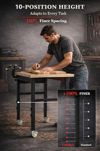 70" Heavy Duty Workbench, 2500 LBS Load Capacity Work Bench with 1.2" Laminated Oak Wood Top & Reinforced Steel Frame, Adjustable Height Work Table for Garage, Workshop, Office, Home (Casters) - size: 70"丨Casters