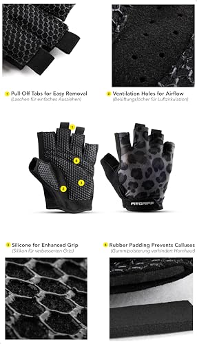 Fitgriff® Workout Gloves (Padded) for Men & Women - Fingerless Gym Gloves for Weight Lifting, Training - Full Palm Protection - color: Leopard, size: 8