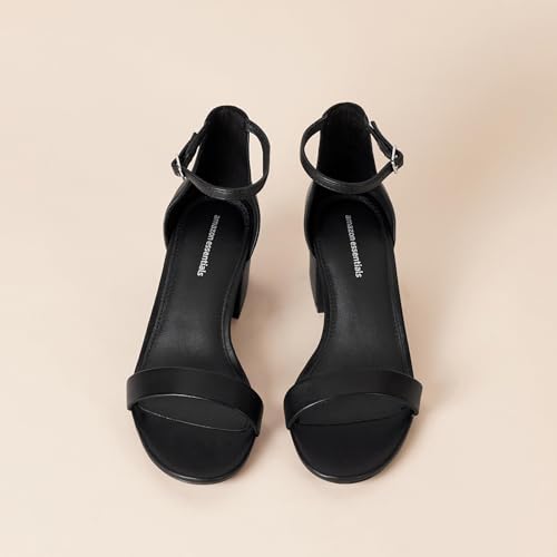 Amazon Essentials Women's Two Strap Heeled Sandals with Adjustable Ankle Strap, Padded Memory Foam Insole - color: Black Faux Leather, size: 6