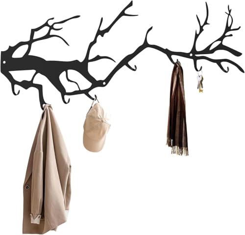 Wall Mounted Coat Hooks - Tree Branch Design with 8 Hooks, Heavy Duty Metal Coat Rack for Wall, Decorative Towel Hooks for Bathroom, Bedroom, Kitchen, Entryway - Black Artistic Hook Rack