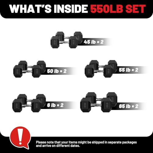 Hex Dumbbell Set 60-650lb, Weights Set Rubber Encased, Home Gym | PAPABABE Complete & Durable Cast Iron Core Odorless PVC Antiroll Hex Shape Ergonomic Chrome Handle Versatile Home Gym - size: 550 lb Set (Pair of 45, 50, 55, 60, 65), style: Chrome Grip