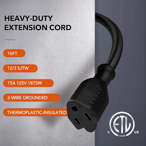 BN-LINK 15ft Outdoor Extension Cord, 15amps,12/3 SJTW Heavy Duty Power Cord, 3-Prong Grounded Plug, Weather Resistant, 1875W, Black, for Lawn, Garden, Appliances, ETL Listed - color: Black, size: 15FT