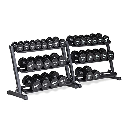 REP Fitness Urethane Coated Round Dumbbells, 5 to 100 lbs, Singles or Pairs, With or Without Rack, Steel Core, Rubber Encased, Chrome Handles, Professional Weights for Home Gym Strength Training - style: 5-75 lb set with 3 Tier Rack