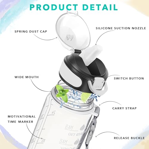 Enerbone 32 oz Water Bottle with Times to Drink and Straw, Motivational Drinking Water Bottles with Carrying Strap, Leakproof BPA & Toxic Free, Ensure You Drink Enough Water for Fitness Gym Outdoor - color: Crystal