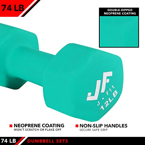 JFIT Dumbbell Pairs or Sets – Neoprene & Vinyl Coated Hand Weights for Home Gym, Strength Training, Aerobics, Cardio Exercise and Fitness - size: 74 lbs (Set), style: Dumbbell Set with Rack