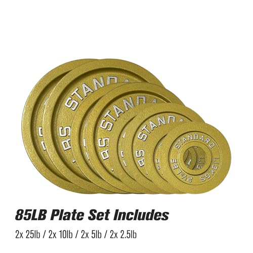 Gold Finish Olympic Steel Plates - Pairs and Sets 2 Inch Barbell Standard in Premium Gold for Weight Lifting - color: 85lb Set