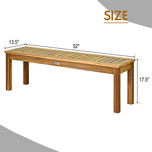 Tangkula 52 Inches Acacia Wood Outdoor Bench, Wood Bench for Dining Room Entryway Poolside Garden, Patio Backless Dining Bench with Slatted Seat, Ideal for Outdoors & Indoors - size: 52"