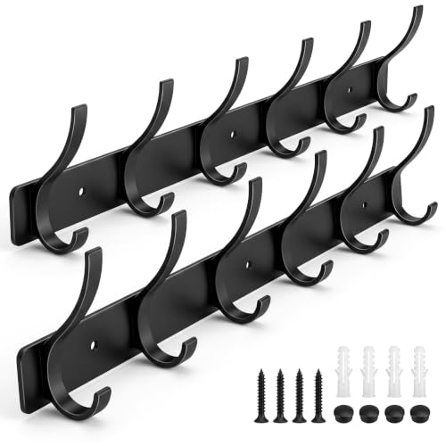 Coat Rack Wall Mounted,6 Coat Hooks for Hanging Coats,Metal Double Hook Rack Hook Rail,Coat Rack with Hooks,Wall Mount Coat Hanger for Hat Towel Purse Robes (2 Pack Black, 6 Hooks) - color: 2 Pack black