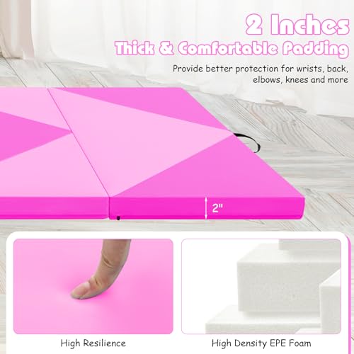 Goplus Gymnastics Mat, Folding Tumbling Mat with Carry Handles, Hook & Loop Fasteners, 4 Panels for Fitness Exercise Yoga Stretching Aerobics Workouts, Thick Gym Mats for Home - color: Pink&Rose
