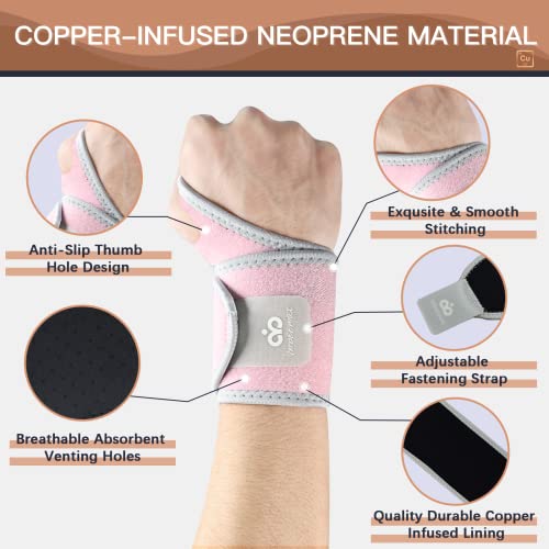 INDEEMAX 2 Pack Copper Wrist Brace Support for Carpal Tunnel, Pain Relief, Arthritis, Tendonitis, Adjustable Wrist Braces Compression Wraps Both Hands, Fit for Men and Women, Pink - color: Pink