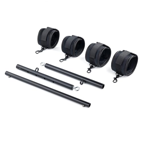 Heavy Duty Stainless Steel Expandable Spreader Bar with 4pcs PU Black--Pink Skull Pattern Detachable Adjustable Straps,Workout Bar for Home Indoor Gym Training Kit - style: Black+Black PU Furry Kit
