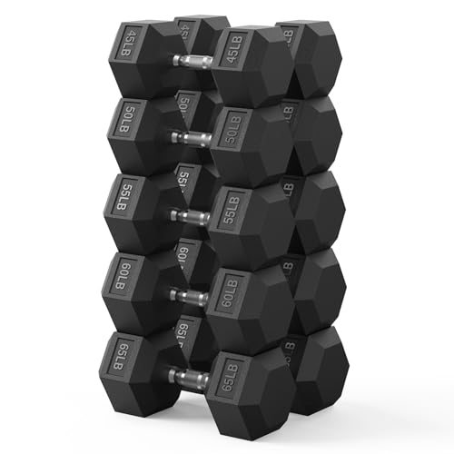 Hex Dumbbell Set 60-650lb, Weights Set Rubber Encased, Home Gym | PAPABABE Complete & Durable Cast Iron Core Odorless PVC Antiroll Hex Shape Ergonomic Chrome Handle Versatile Home Gym - size: 550 lb Set (Pair of 45, 50, 55, 60, 65), style: Chrome Grip