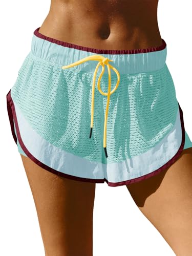 Fisoew Women Athletic Shorts 2 in 1 Running High Split Color Block Workout Yoga Mesh Shorts Pocket Drawstring - color: Blue&green, size: Small
