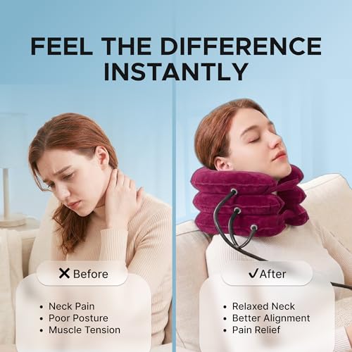 Inflatable Neck Stretcher for Neck Pain Relief, Cervical Traction Device with Hand Pump, 3-Layer Adjustable Neck Decompression Collar for Pinched Nerve, Stiff Neck & Tech Neck Support | Breathable Material - color: Blush Rose Pink