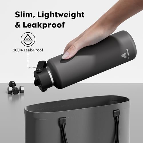 POWCAN 24 oz Slim Insulated Water Bottle: Leakproof, Lightweight, Top Handle, Stainless Steel Water Bottle with Straw for Sport, Gym, Fitness, Office, Home, Commute, Workouts, Boy, Men (Stone Gray) - color: Stone Gray, size: 24 Ounces