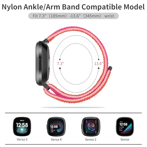 Nylon Sport Ankle/Arm Band Compatible with Fitbit Versa 4/Fitbit Versa 3 /Fitbit Sense 2/Fitbit Sense Bands,Elastic Nylon Braided Arm Strap Replacement Ankle band for Women Men - color: Deep Black/Garnet