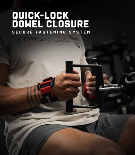 Gymreapers Weight Lifting Straps With Dowel - Wrist Straps for Weightlifting - Workout Deadlift Wrist Weights - Reinforced Stitching & Padded Fit Gym Accessories for Strength & Gym Hand Grip - color: Red