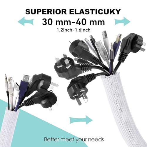 AGPTEK Cable Sleeve, 2Pack 5ft - 1.6 inch Cable Management Desk Cord Cover Organizer Wire Hider for Home Office Computer TV Wire Loom Tubing Pet Proof Cord Protector from Cat Dog Chewing, White - color: White, size: 1.6"-10ft