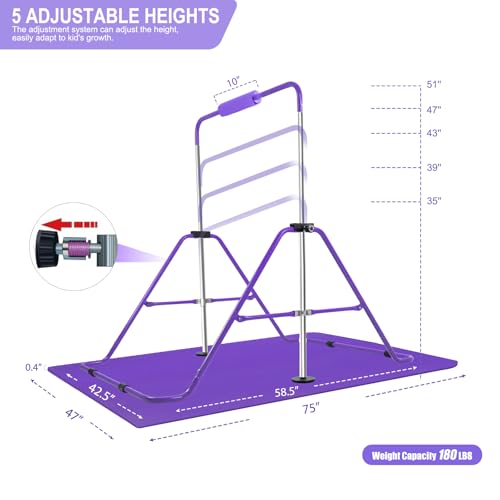 YEEGO DIRECT Gymnastics Bar for Girls Boys (A-G-E-S 3-10) with Rings, Folding Gymnastics Bars Horizontal Bar, Expandable for Home Training Gifts for Girls Boys - color: Purple & Black