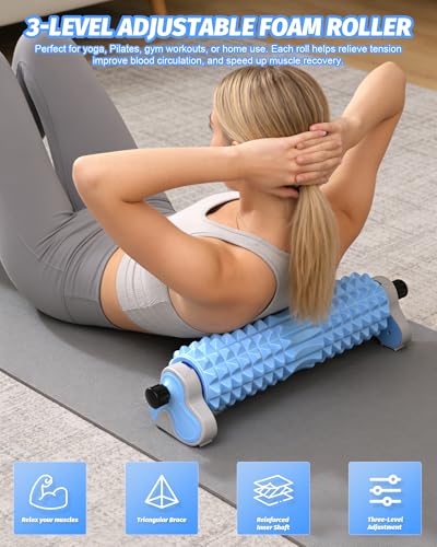 Foam Roller for Back, 3-Level Height Adjustment Deep Tissue Massage Tool | Spinal center groove, dual-zone textured nodes, hands-free bodyweight control, stable wide base, compact home storage design