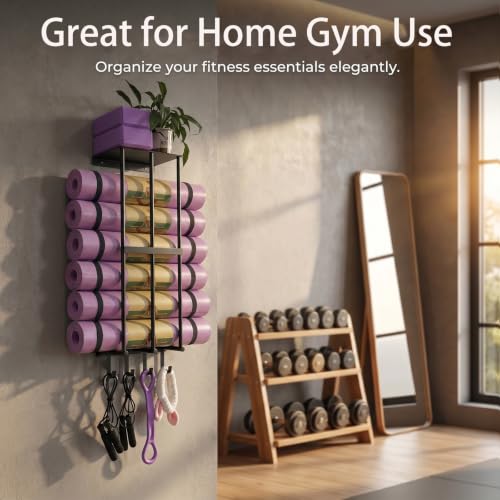 Yoga Mat Holder Yoga Mat Holder Wall Mount Home Gym Accessories Organizer,Towel Storage Rack with 4 Hooks for Hanging Foam Roller and Resistance Bands Gym Organization for Home Gym