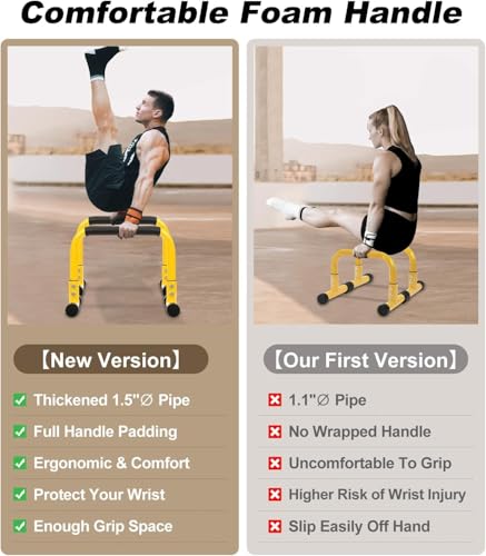 TABEKE Push Up Bar, 14'' High Steel Parallettes & Dip Bar with Full Coverage Foam Handle, Heavy-Duty Calisthenics Parallel Bars for L-Sit, Dips, Home Gym Strength Training Workout - color: Yellow