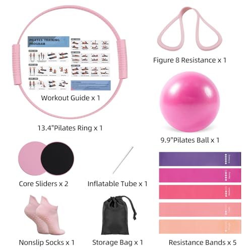 13 PCS Pilates Equipment Kit for Women,Pilates Ring and Ball Set with Resistance Bands,Core Sliders, Socks, Bag & Guide for Starter Home Workout Fitness Gym Essentials - color: Pink