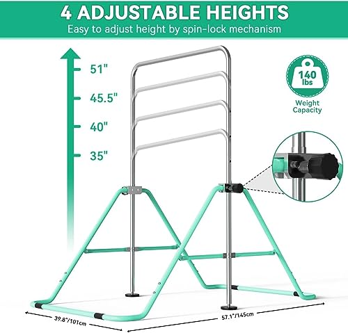 FBSPORT Gymnastics Bar for Kids Adjustable Height Gymnastic Horizontal Bar | Adjustable height, Supports up to 140 lbs, Junior Training Bar Children Folding Training Monkey Bars for Home Using - color: Green
