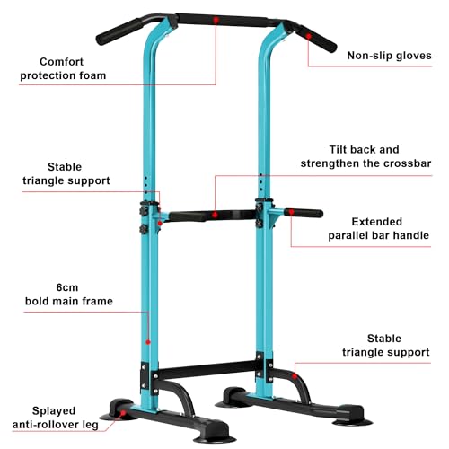 SogesHome Power Tower Pull Up Bar and Dip Station, Height Adjustable Dip Stand Exercise Machine for Home Gym, Multi-Functional Free Standing Strength Training Fitness Workout Station - color: Blue