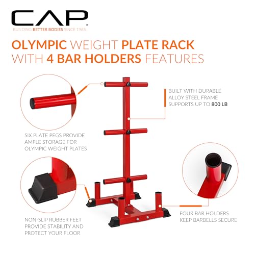 CAP Olympic Bumper Plate Tree Rack with Barbell Holders, Heavy-Duty Weight Plate Storage Rack for Home Gym, Steel Olympic Plate Organizer Stand, Multiple Color & Size Options - color: Red, size: 6-Plate Posts / 4 Bar Holders