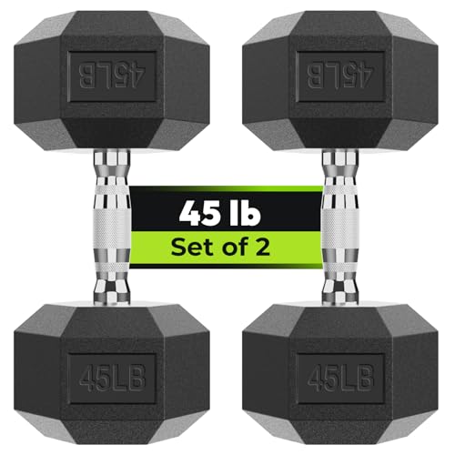 HANDBODE Hex Dumbbell Set of 2, Rubber Encased Fixed Dumbbells, 2.5-65 lb | Non-Slip Comfortable Handles, Hand Weights for Strength Training, Ideal for Home Gym Workouts - size: 45 lb, Pair, style: Chrome Handle