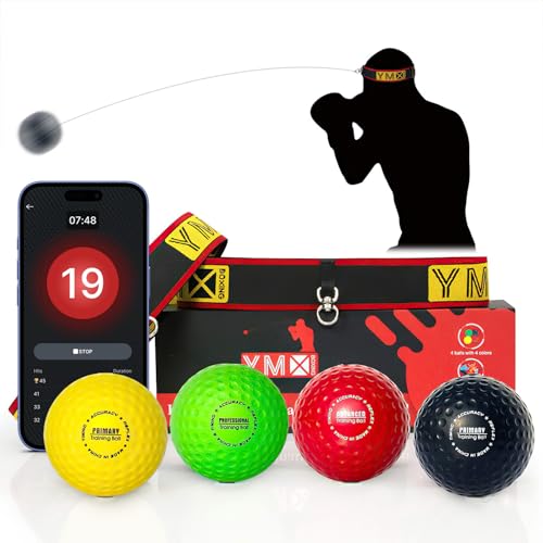 YMX BOXING® Ultimate Reflex Ball Set with Counter App - 4 React Reflex Ball Plus 2 Adjustable Headband, Great for Reflex, Timing, Accuracy, Focus & Coordination Training for Boxing, MMA and Krav Mega - color: Black/Yellow/Red/Green