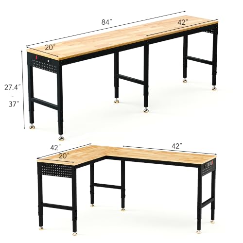 Betterhood 84" 2-in-1 Convertible Adjustable Workbench, L-Shaped & Extended 5000 LBS Heavy Duty Work Table with Power Outlets & Pegboard, Rubber Wood Workstation for Garage, Workshop - size: Rubber Pad/ Power Outlets/ 2 Pegboard/ 84"x20"x37"