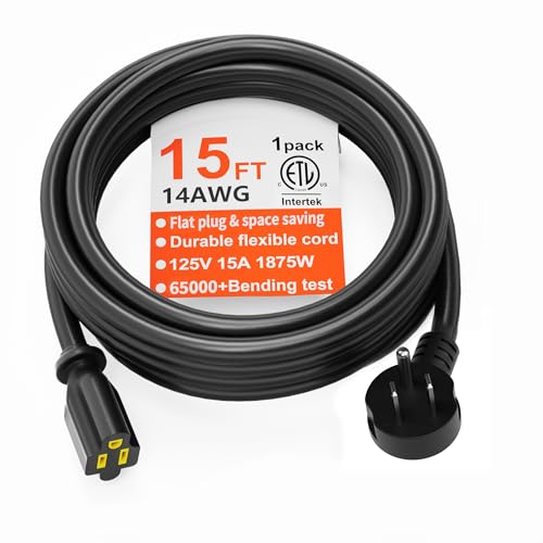 HUANCHAIN 14 Gauge 15 FT Flat Plug Extension Cord Black Indoor Outdoor, Heavy Duty 3 Prong Grounded Low Profile Extension Wire Flexible, 15A 1875W 125V 14AWG SJTW, ETL Listed. - color: Black, size: 15 FT