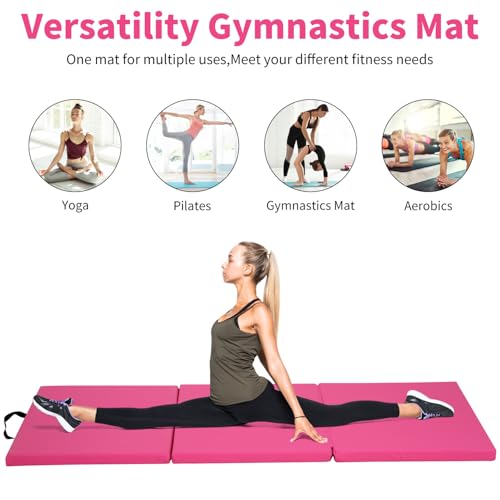 BLKMTY Gymnastics Mats - 2'x6' Folding Exercise & Yoga Mat with Carrying Handles for Kids' Tumbling & Home Gym - color: Pink