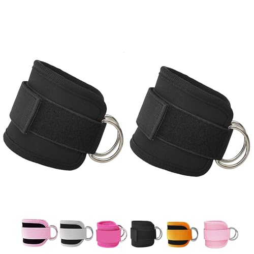 Fitness Ankle Straps for Cable Machines, 2 Pack Comfortable Adjustable Padded Ankle Wrist Cuffs, Kickback Glute Workouts for Men Women, D-Ring Leg Straps with Neoprene Padding - color: black