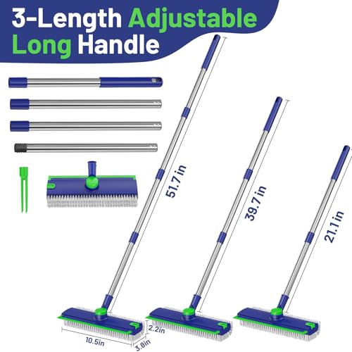 3 in 1 Floor Scrub Brush with Long Handle & Squeegee | Heavy-Duty, Adjustable, 360° Rotating Head for Cleaning Tile Bathroom Deck Kitchen Patio, Blue - color: Blue