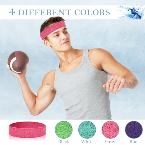 4 Pack Cotton Terry Sweat Headbands for Men Women Running Gym | 4 pack soft cotton terry headbands, Stretch 7 to 15 inches, Sweat-wicking, stays put for running, tennis, basketball & yoga - color: Pink/Green/Sky Blue/Purple