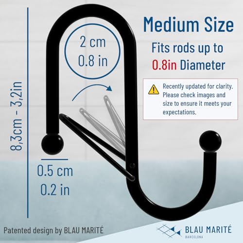 10-Pack Metal S Hooks for Hanging – Heavy-Duty S-Shaped Hook with Safety Buckle – Fits Bars up to 0.8 in – Anti-Drop S-Hooks for Kitchen, Bathroom, Closet & Pot Racks – Black (Medium) - color: Black, size: Medium - 0.8In Diameter